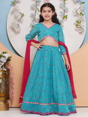 Girls Sea Green & Pink Embroidered Choli, Ready to Wear Lehenga with Dupatta