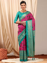 ساري نسائي وردي مطبوع من مزيج القطن مع قطعة بلوزة