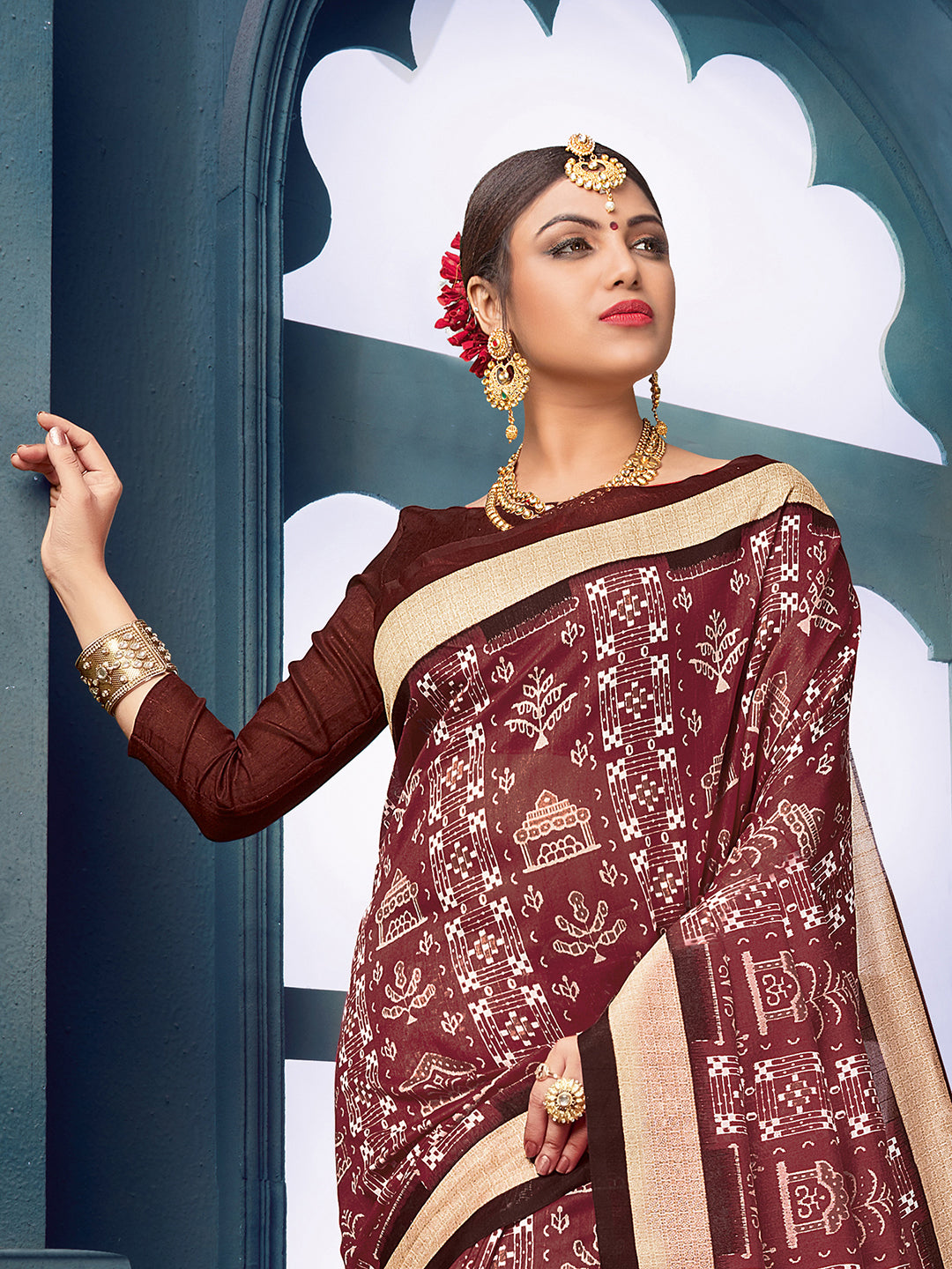 Women's Bhagalpuri Silk Brown Printed DesignerSaree With Blouse Piece