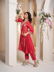 Red colour Embroiderd Anarkali Flared Kurta with Palazzos.