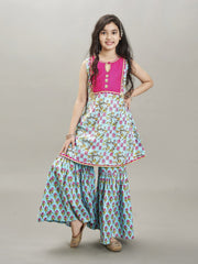 Girls Blue Floral Printed Kurta With Sharara