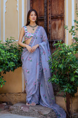 Soft Blue Floral & Polka Dot Concept Saree Set