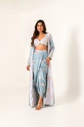 Aqua Blue & Slate Grey Bralette, Lungi & Cape Set