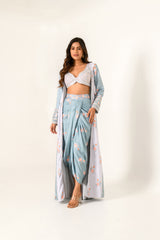 Aqua Blue & Slate Grey Bralette, Lungi & Cape Set