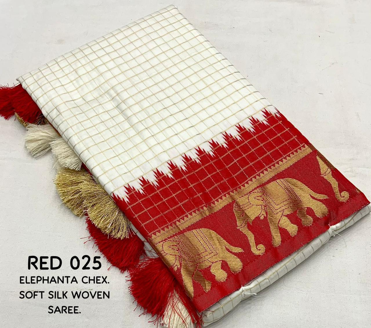 sift silk saree with zari woven chex and with elephant border and rich pallu.Cotton tasslels on pallu.