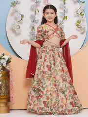 Girls Beige & Red Flower Printededed Ready to wear Lehenga & choli