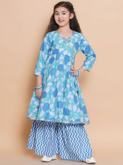 Girls Blue Floral Printed Angrakha Kurta with Sharara