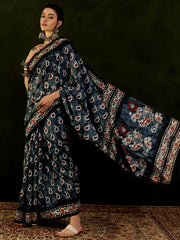 Women's Bhagalpuri Silk Grey Printed Designer Saree With Blouse Piece