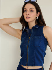 Women's Blue Denim Zip Up Top