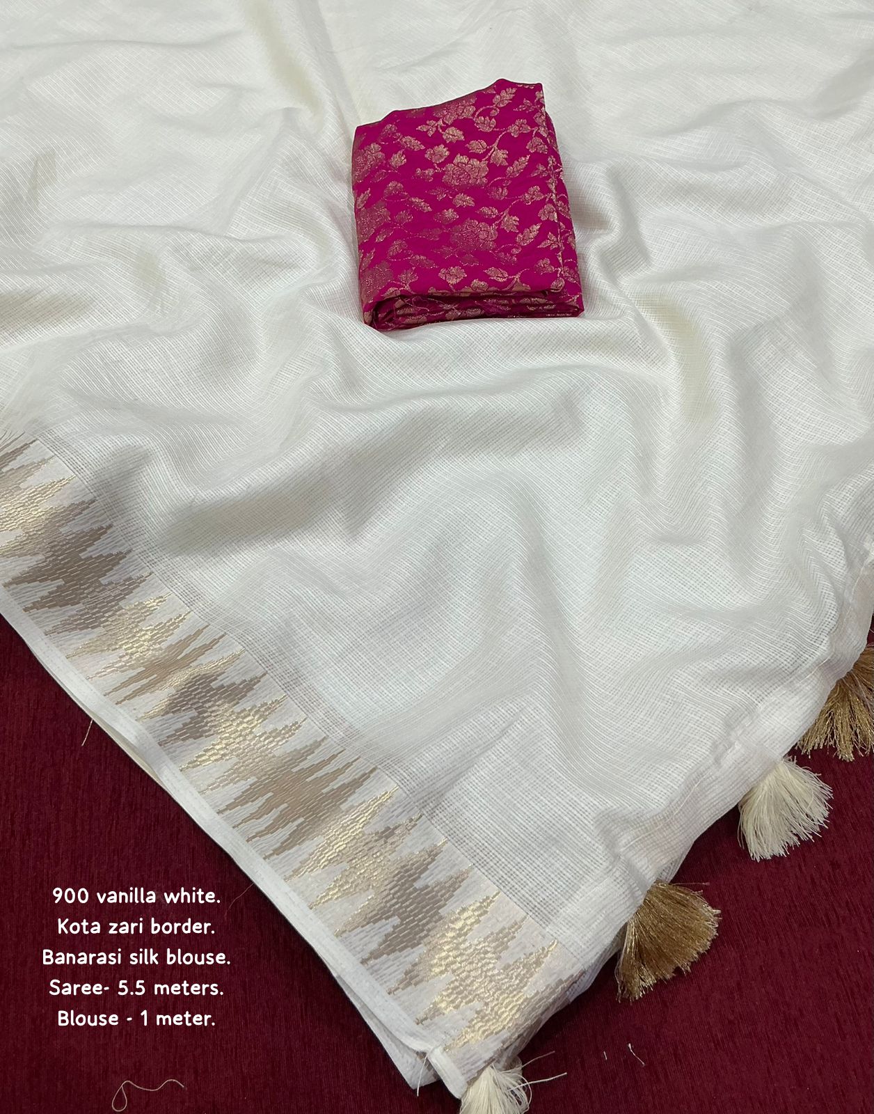 soft kota saree with zari woven zig zag border.cotton tassels on pallu.contrast zari woven banarasi silk blouse