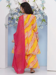 Girls Yellow Leheriya Printed Angrakha Kurta with Sharara with dupatta