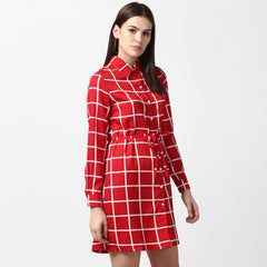 Women's Red and White Check Shirt Dress with Belt