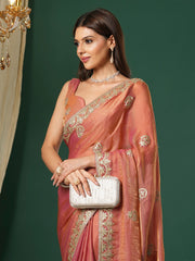 Women's Satin Silk Peach Embroidered Designer Saree With Blouse Piece