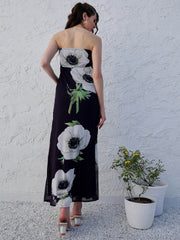 Black Floral Printed Strapless Maxi Dress