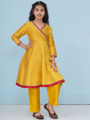 Solid Three-Fourth Sleeves Above Knee Length Silk Kurta With Trousers - Yellow