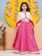 Girls Off white Choli, Pink Foil Printed Lace work Lehenga with Dupatta