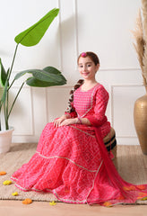 Girls Pink Printed Lehenga Choli Set with Embroidery and Dupatta