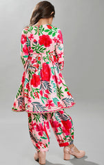 Girls Peach Multi Floral Printed Cotton Kurta with Trousers set