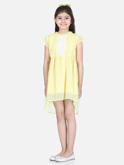 Girls Lemon Yellow Self Detail Dress with Lace Inserts