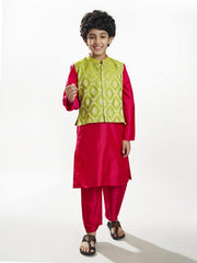 Boys off Pink kurta pajama with a green jacquard booti jacket