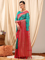 ساري نسائي أزرق مطبوع مطبوع من مزيج القطن مع قطعة بلوزة