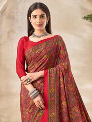 ساري نسائي أحمر مطبوع من الكريب مع قطعة بلوزة