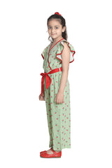 Girls Green and Red Cherry Jumpsuit with Flutter Sleeves
