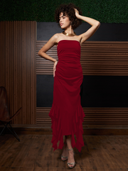 Red Ruffled Strapless Asymmetric Hem Maxi Dress
