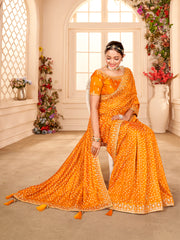 ساري نسائي من حرير فيتشيترا أصفر مزين بتصميم فاخر مع قطعة بلوزة