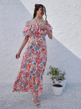 Orange Floral Printed Halter Neck Tiered Gathered Crepe Maxi Midi Dress