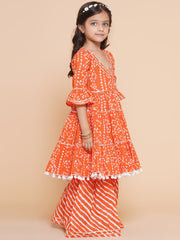 Placement Print Three-Fourth Sleeves Knee length Cotton Kurta With Sharara - Orange
