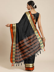 Women's Aura Silk Black WovenDesign DesignerSaree With Blouse Piece