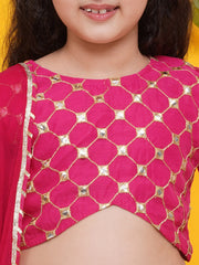 Girls Pink with Embroidered Choli, Navy Blue Bandhani Print Lace work Lehenga with Dupatta