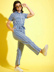 Girls Blue & White Cotton Striped Jumpsuit