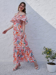 Orange Floral Printed Halter Neck Tiered Gathered Crepe Maxi Midi Dress