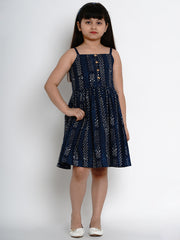 Cotton Blend Woven Sleeveless Self Design Flared Frock - Blue