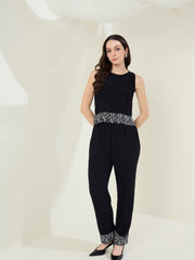 Women's Black Rayon Crepe Co-Ord Set with printed hemlines