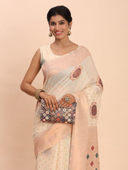 Elegant Linen Cotton Saree with Woven Pallu, Big Butta Work & Tassels - Office & Festive Wear