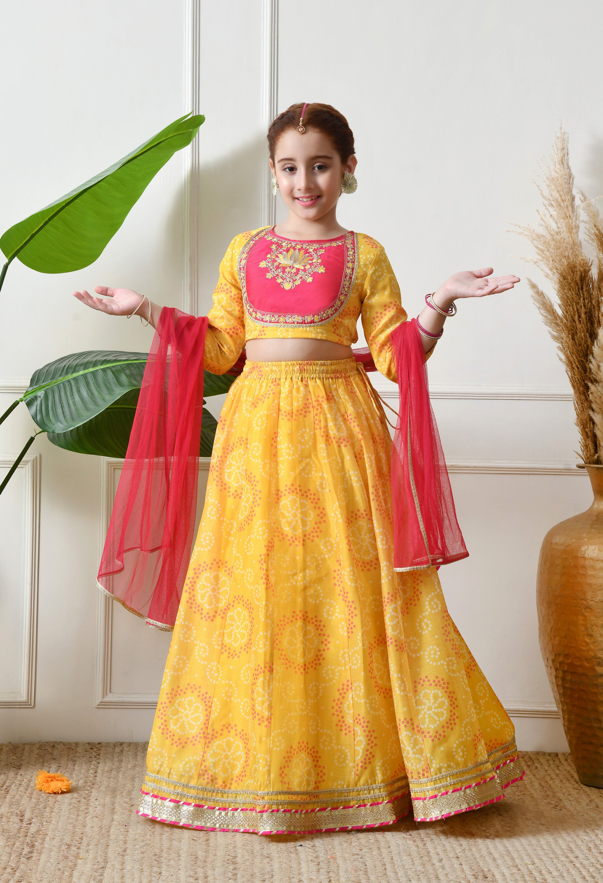 Girls Yellow Embroidered Lehenga Choli Set with Dupatta