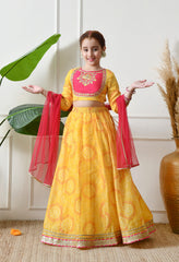 Girls Yellow Embroidered Lehenga Choli Set with Dupatta