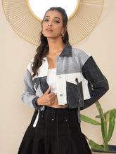 Women's Black Denim Crop Jacket with Color Blocking patchwork detail