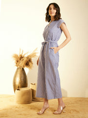 Women's Blue Stripe Cotton Jumpsuit