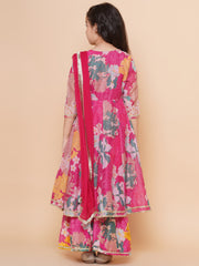Silk blend Woven Three-Quarter Sleeves Floral Print Flared Kurta And Sharara With Dupatta Set - Pink