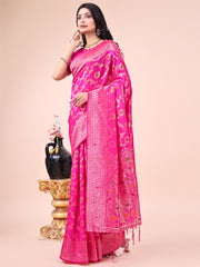 Elegant Banarasi Cotton Saree with Zari Leaf Motifs and Rich Pallu - Traditional Indian Saree for Festive & Wedding Wear