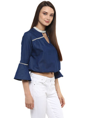 بلوزة نسائية من الدنيم بتصميم ريفي مزينة بالدانتيل