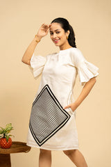 Women White And Black Checks Viscose Cotton A Line Short Dress