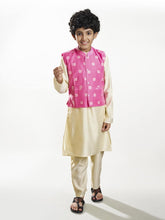 Boys off white kurta pajama with pink jacquard booti Jacket