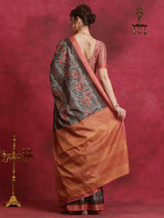 ساري نسائي رمادي مطبوع بتصميم أنيق من مزيج القطن مع قطعة بلوزة