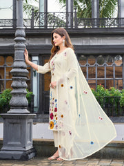 Off whithe color pur cotton with colourful thread embroidered kurta & trouser with dupatta set
