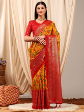 ساري نسائي أصفر مطبوع من مزيج القطن مع قطعة بلوزة